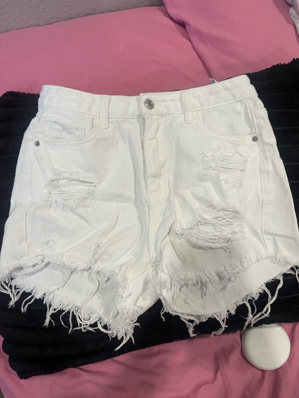 SHEIN White Distressed High-Rise Denim Shorts